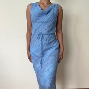 La Belle Vtg 90s Midi Dress Sz Small Blue Wavy Striped Cowl Neck Feminine Flowy